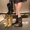 2025 New Style High Heels Mid Calf Pleated Boots for Women Autumn Winter Leather Western Boots Woman Thick Heeled Boots