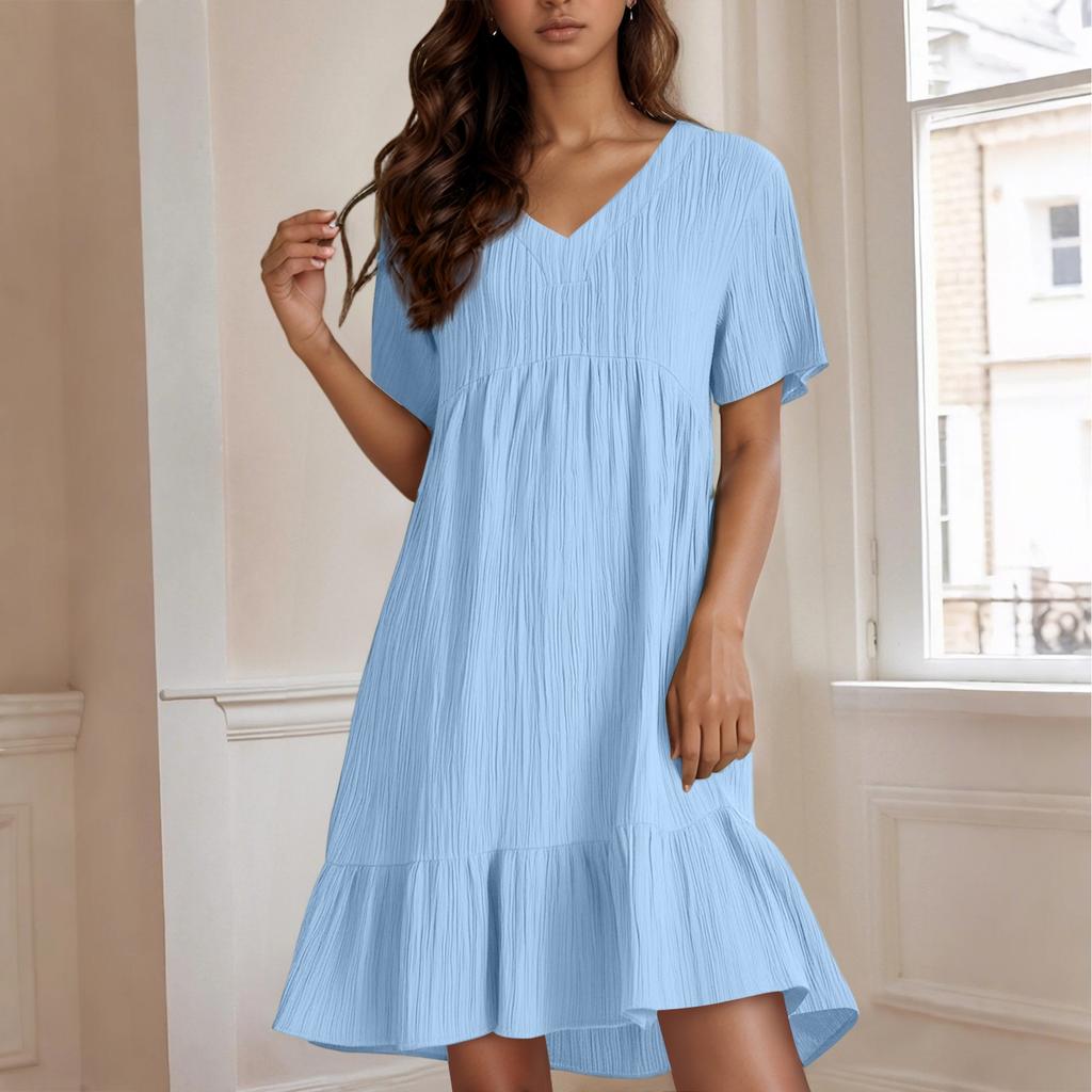 Женское повседневное и модное однотонное платье, свободное платье с короткими рукавами и застежкой на талии