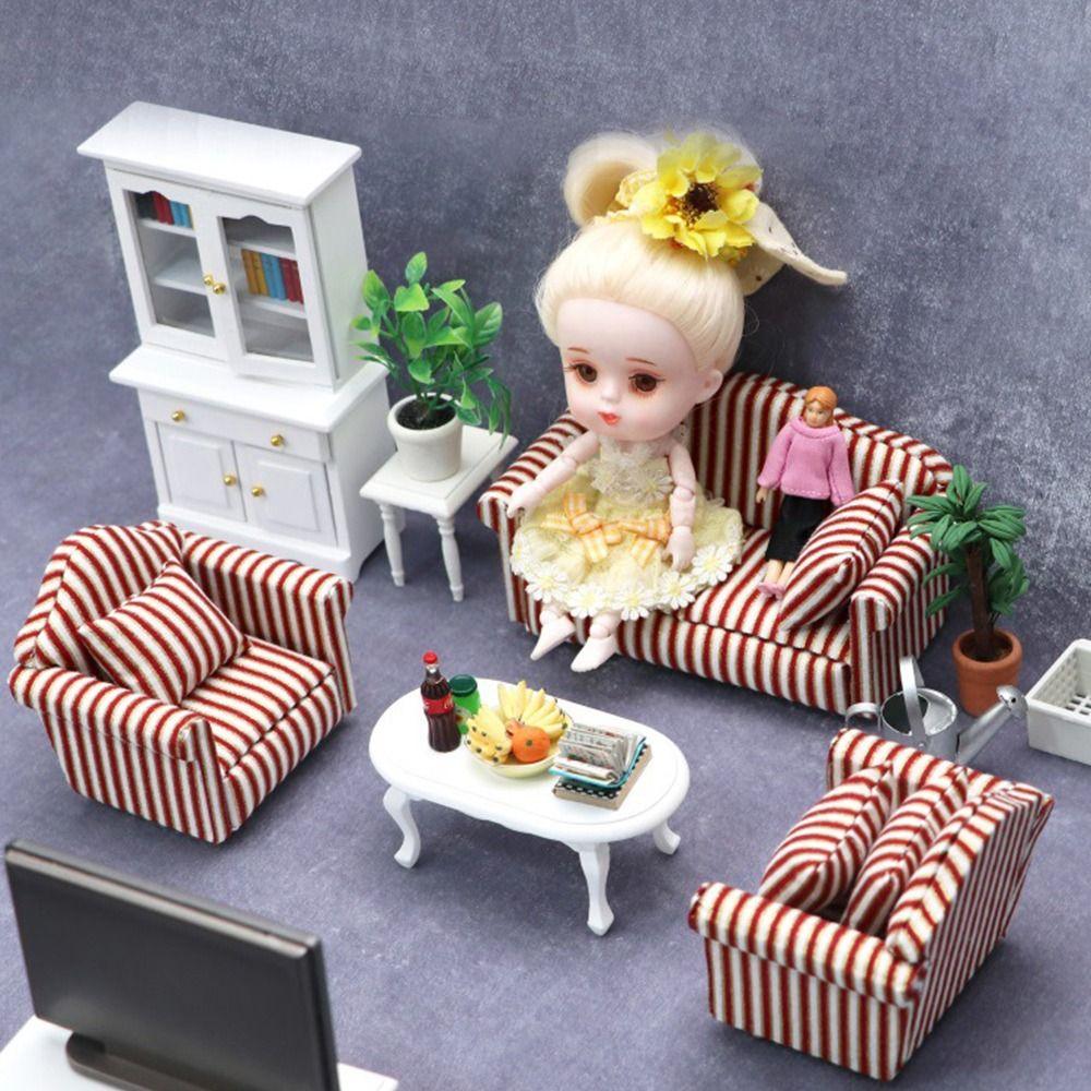 Simulation chair Wooden Table Doll House Decoration Dollhouse Sofa Cushion Table Furniture Toys