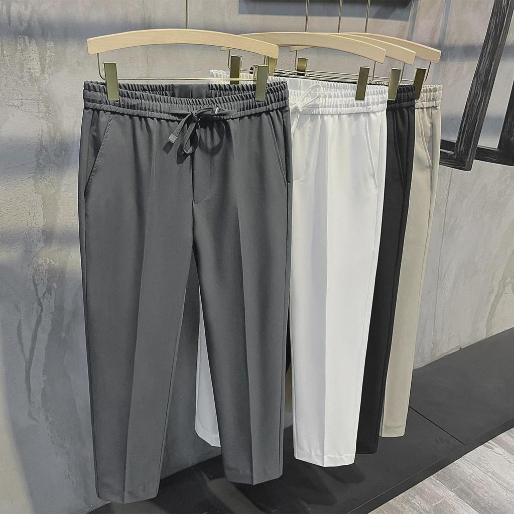 2024 Мужские повседневные брюки с эластичной талией в корейском стиле с девятью точками — ретро-тренд в британском стиле без утюга