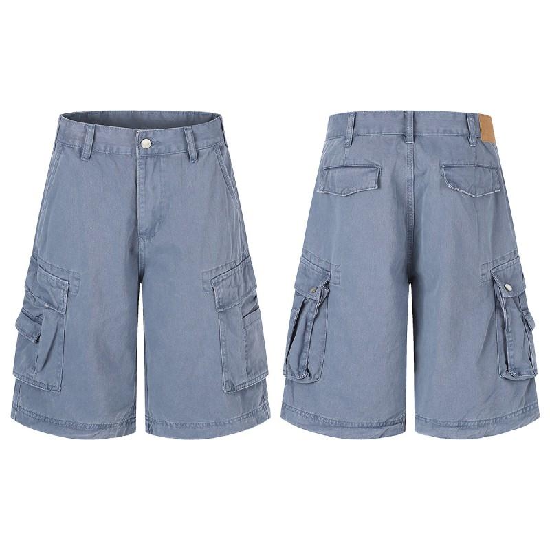 Mens Womens Denim Shorts American Street Style Washed Distressed Cargo Loose Fit Multi-Pocket 5 Inch Inseam