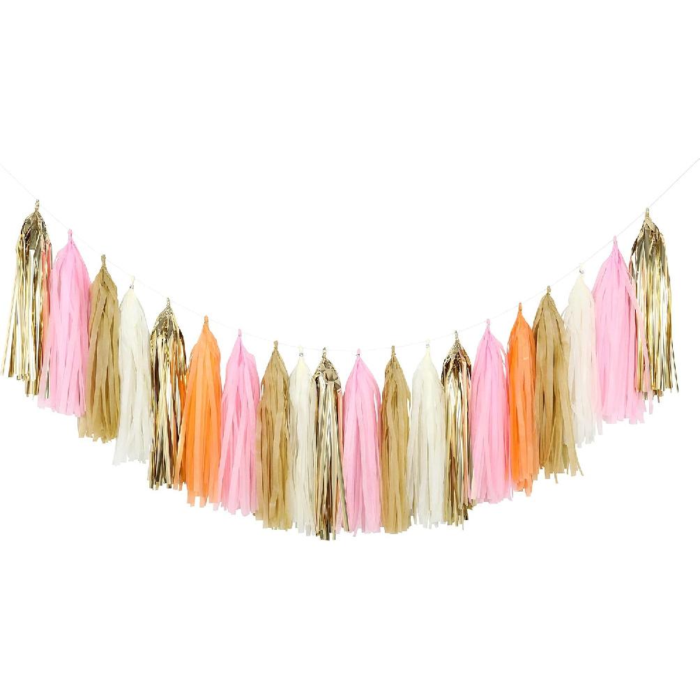 Fonder Mols Tissue Paper Tassel Garland DIY Kit (40pcs, Blush, Mint, Aqua, Lilac and Orchid All Mixed with Iridescent Mylar) for Rainbow Color,