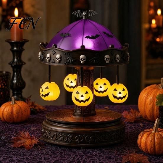 Creepy Halloween Table Light Ghost Carousel Light, Night Gothic Stained Glass Shade Witchy Room Decor with Floating Ghosts/Pumpkins, Spooky
