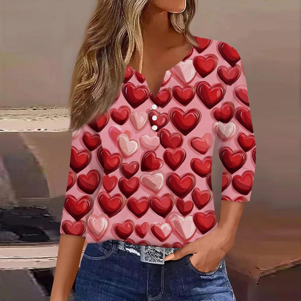 Женский повседневный универсальный топ с V-образным вырезом и рукавом три четверти на пуговицах с принтом ко Дню святого Валентина