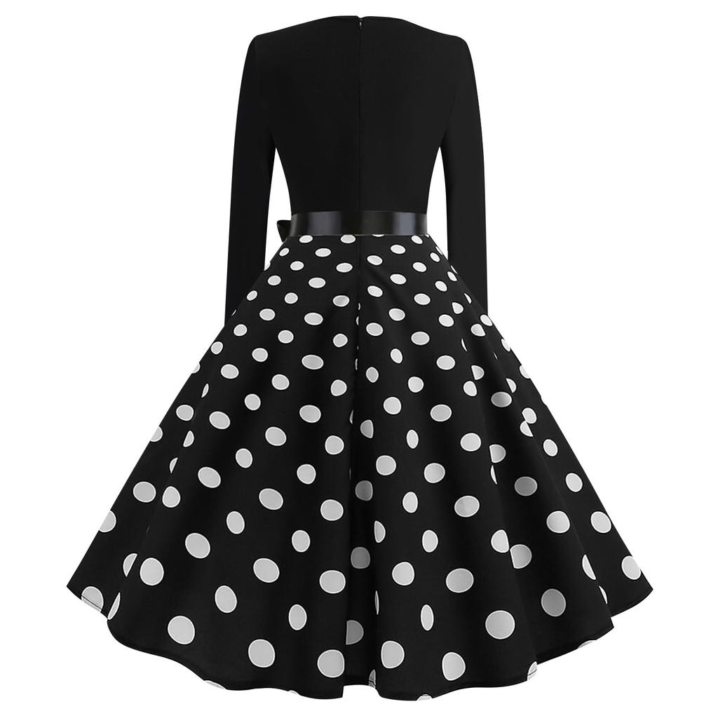 Women's Polka Dot Print Long Sleeve Dress Cutout Party Casual Square Neck Dress