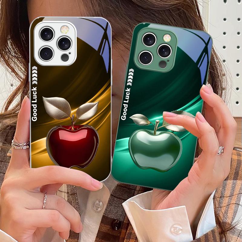 Простой Черный Счастливое Яблоко Для iPhone 16 E 15 14 13 Plus 12 mini 11 Pro Max XR Xs Max X 7 8 6 6S 2022 Закаленное Стекло Чехол для Телефона