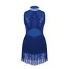 Kids Girls Dance Leotard Sleeveless Mesh Patchwork Sequins Tassel Hem Bodysuit for Latin Jazz Dance