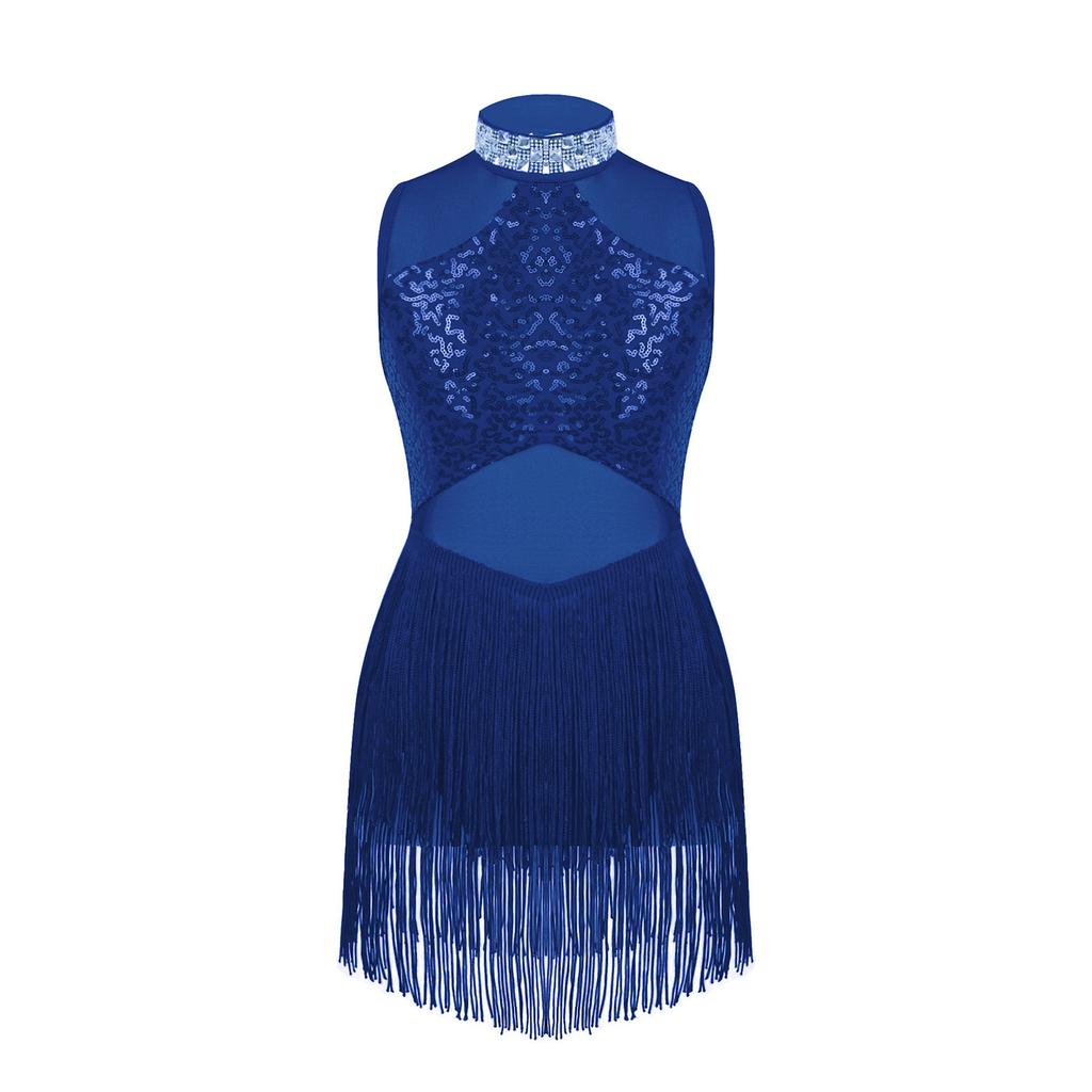 Kids Girls Dance Leotard Sleeveless Mesh Patchwork Sequins Tassel Hem Bodysuit for Latin Jazz Dance