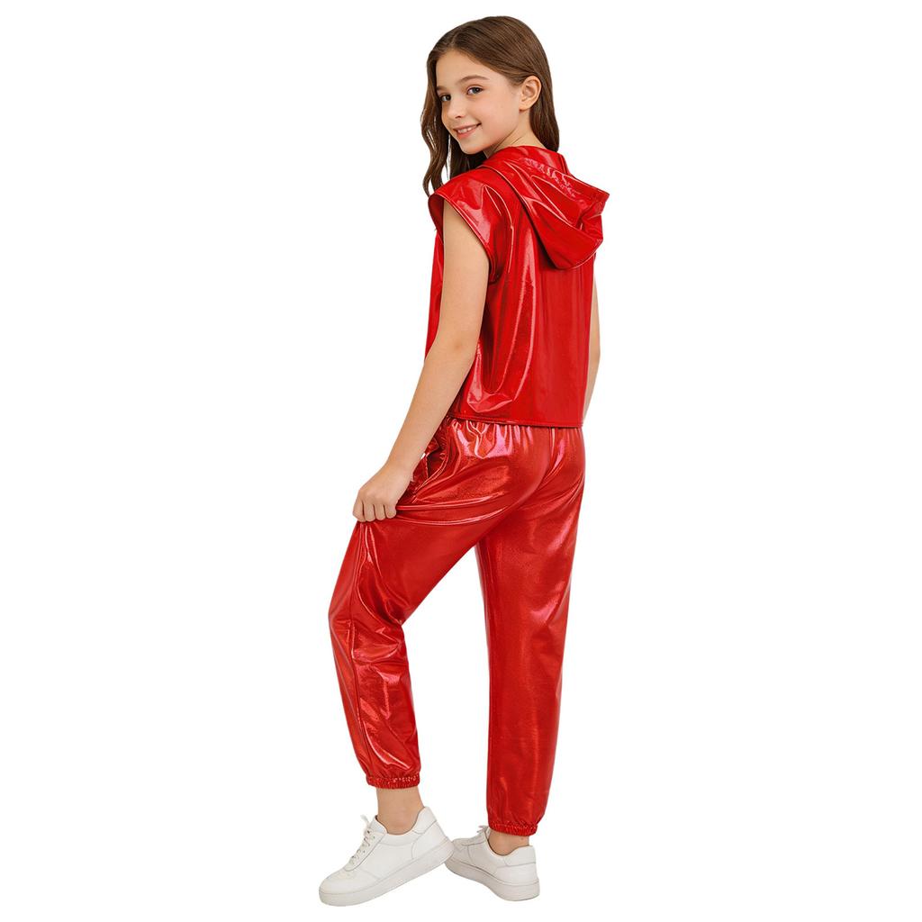 Girls Jazz Dance Outfit Sleeveless Zipper Metallic Hooded Vest Elastic Waist Shiny Pants