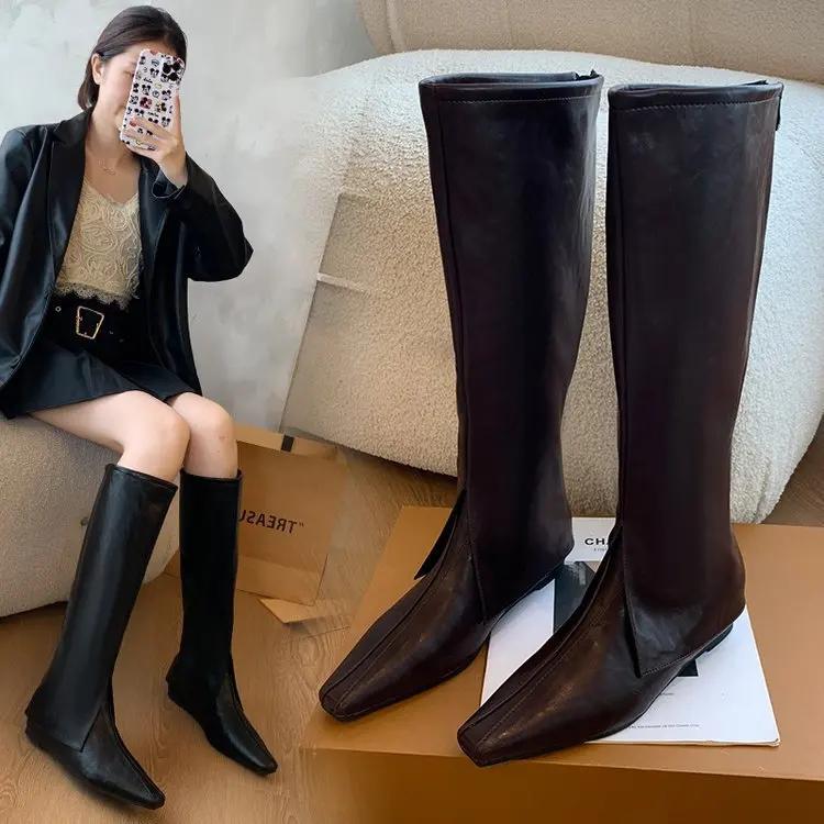 Остроносые туфли на плоской подошве, женские высокие сапоги, дизайнерская мода, повседневная прогулочная кожаная обувь, 2024, новый тренд, зимнее платье, челси, Botas Mujer