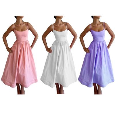 Женское летнее платье однотонное U-образное с высокой талией плиссированное платье-халат