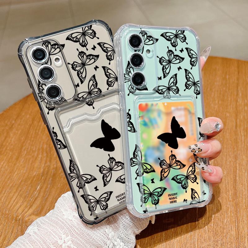 Черный чехол с рисунком бабочки и слотом для карт для Samsung S24 FE S23 Ultra S22 A16 A55 A15 A35 A54 A14, прозрачный противоударный мягкий силиконовый чехол для телефона