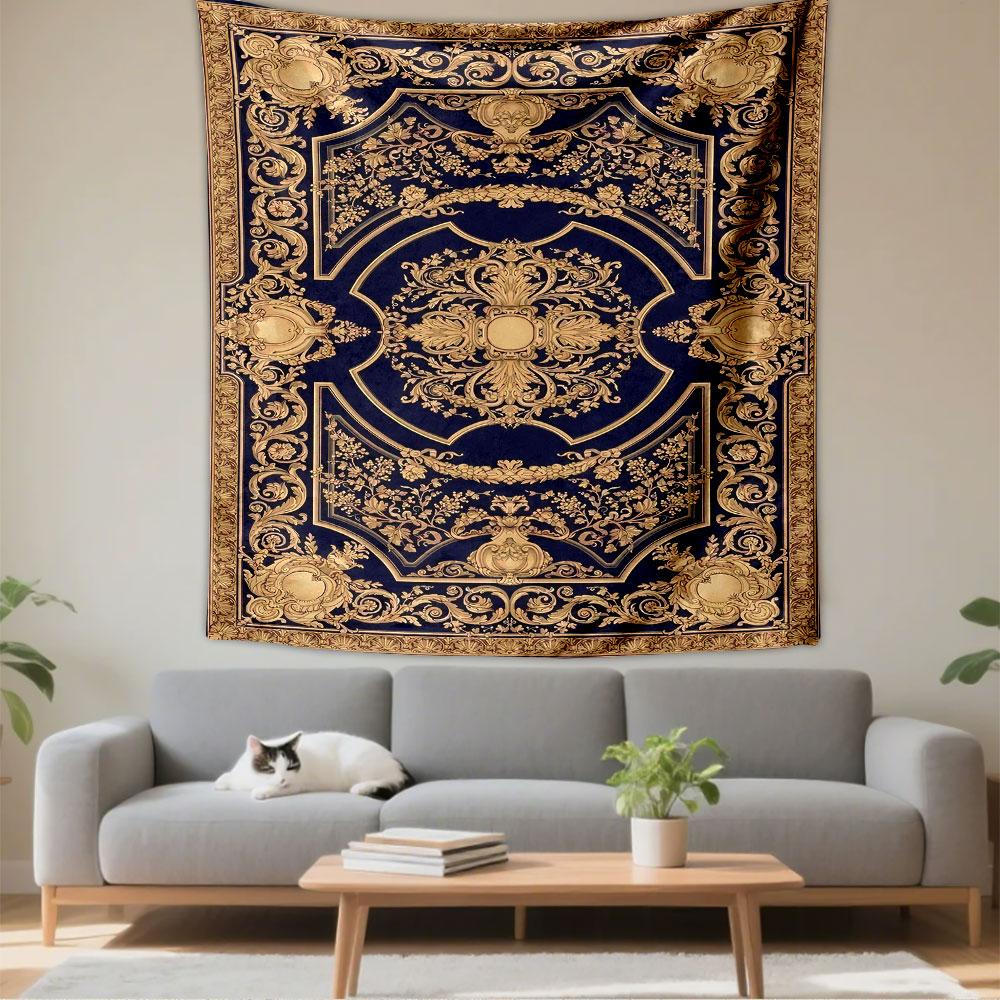 Baroque Carpet Tapestry Wall Hanging, Blue Gold Ornate Floral Pattern Art, Elegant Wall Decor for Bedroom Living Room Dorm