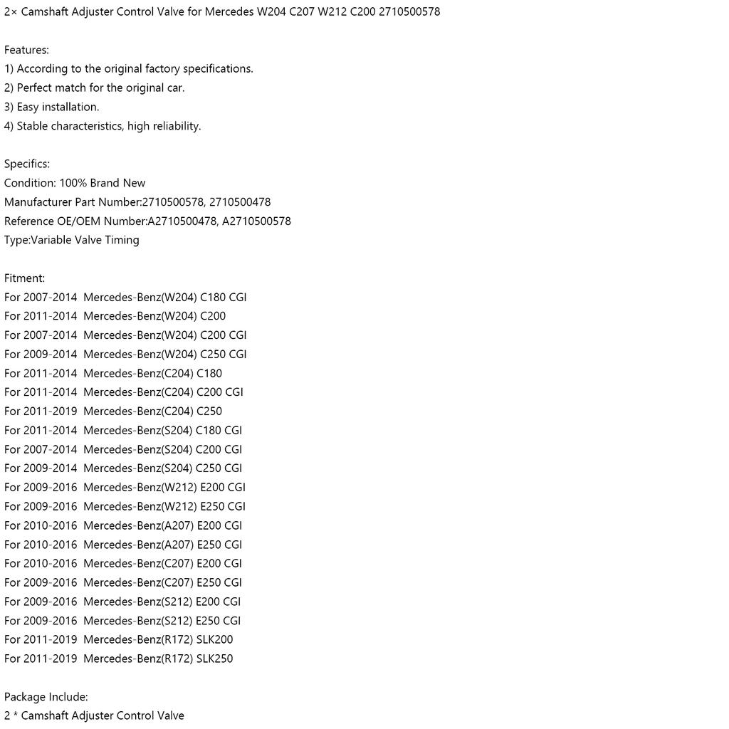 2× Camshaft Adjuster Control Valve for Mercedes W204 C207 W212 C200 2710500578
