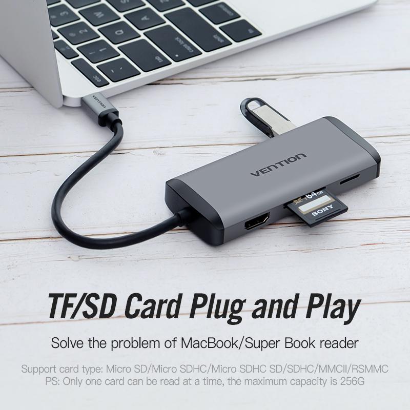 Док-станция Vention Thunderbolt 3, USB-концентратор типа C к HDMI, адаптер USB3.0 RJ45 для MacBook, Huawei P20 Pro, USB-концентратор C