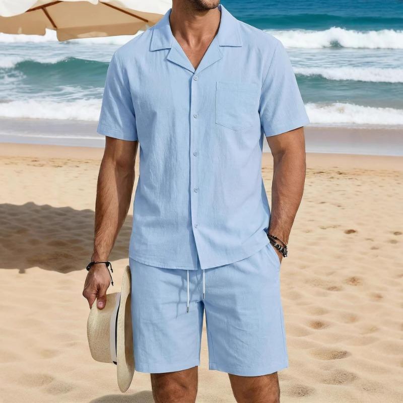 Men S Casual Cotton Short Sleeve Shirt And Short Pants Set