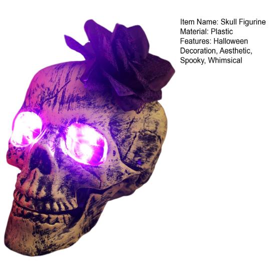 Halloween Skull Statue with Flower Plastic Small Size Human Head Bone Sculpture Collectible Skeleton Figurine for Indoor Outdoor Decor