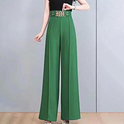 Женские брюки от костюма с высокой посадкой, прямые, с широкими штанинами, длинные, с карманами, однотонные, с цепочкой, эластичная талия, повседневные брюки