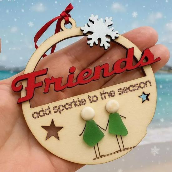 Christmas Friends Sea Glass Decoration Handmade Wooden Xmas Tree Friendship Seaglass Art Hanging Ornament Holiday Party Decor