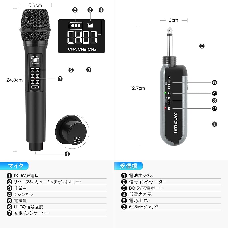 Беспроводной микрофон Kithouse UHF перезаряжаемый беспроводной караоке-микрофон 10 каналов и регулировка громкости и эха 6,35 мм приемник беспроводной ручной
