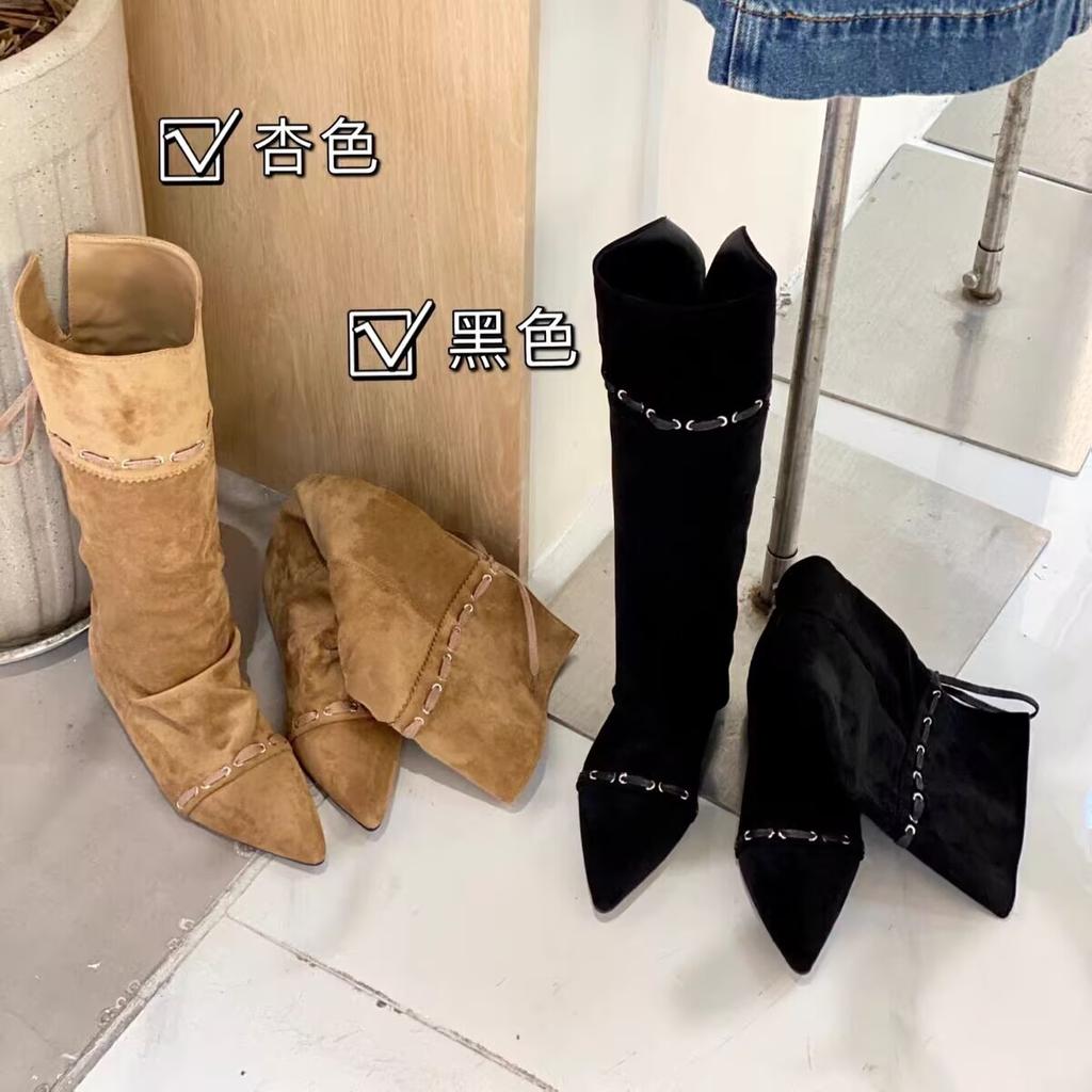 2025 ранняя осень новые внутренние замшевые универсальные рыцарские сапоги в стиле вестерн ковбойские с острым носком кисточками плиссированные присборенные сапоги