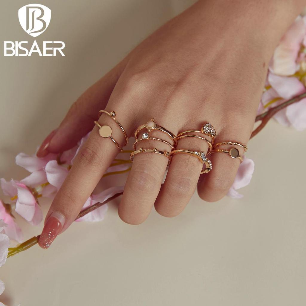 Bisaer Different Style Rhinestones & Metal Lines Alloy Ring-simple for Ladyies Daily Jewelry