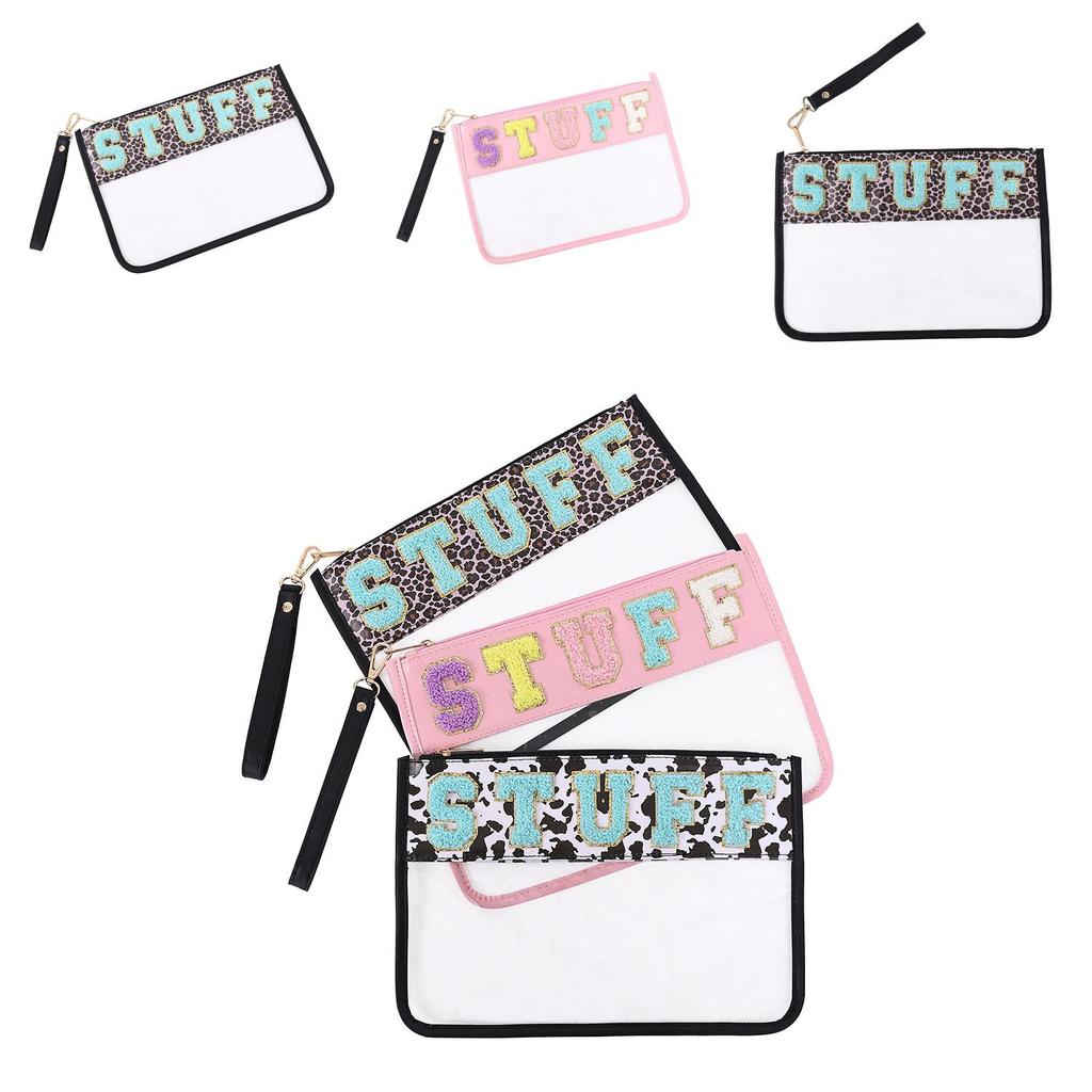 Clear Pvc Embroidered Alphabet Travel Toiletry Bag With Colorful Design