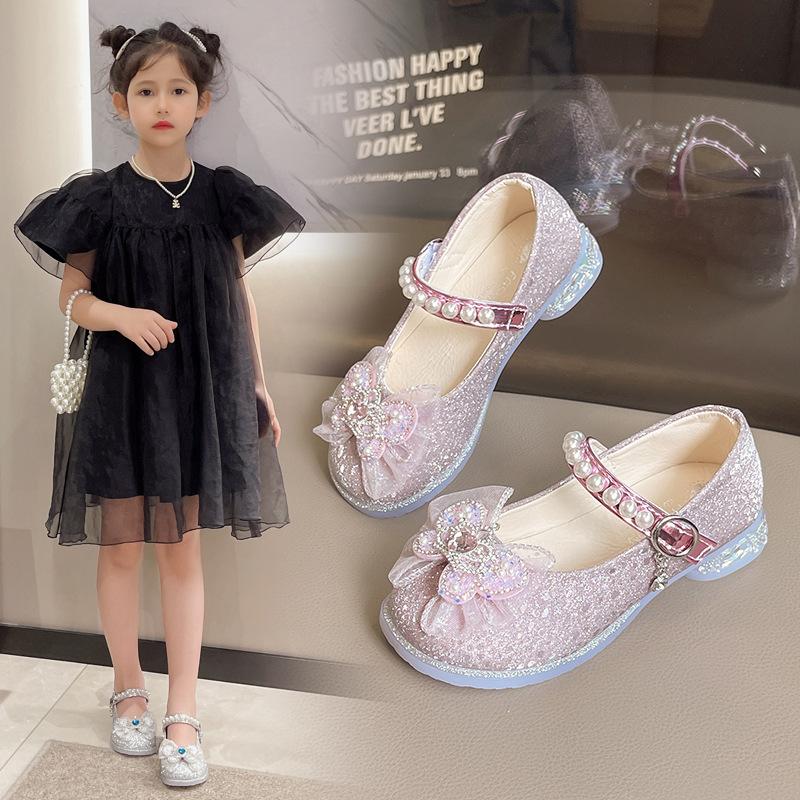 Туфли принцессы для девочек с бантом, детские туфли на высоком каблуке с кристаллами, модная детская блестящая обувь для выступлений, высокое качество 2024 г.