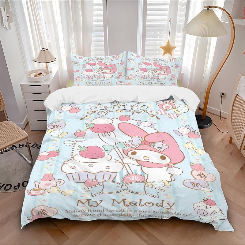 3 шт. Набор пододеяльников с клубничным тортом и Мяу Мелоди Sanrio - Мягкое и уютное постельное белье для спальни, гостевой комнаты и общежития, 3-предметный набор 1 пододеяльник