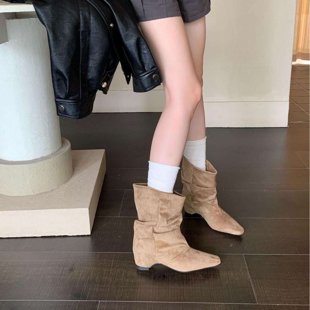 Autumn new inner height increase pile square head splicing tube boots suede short boots pleated women's boots