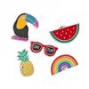 Cartoon Brooch Set: Woodpecker, Watermelon, Pineapple & Rainbow Pins