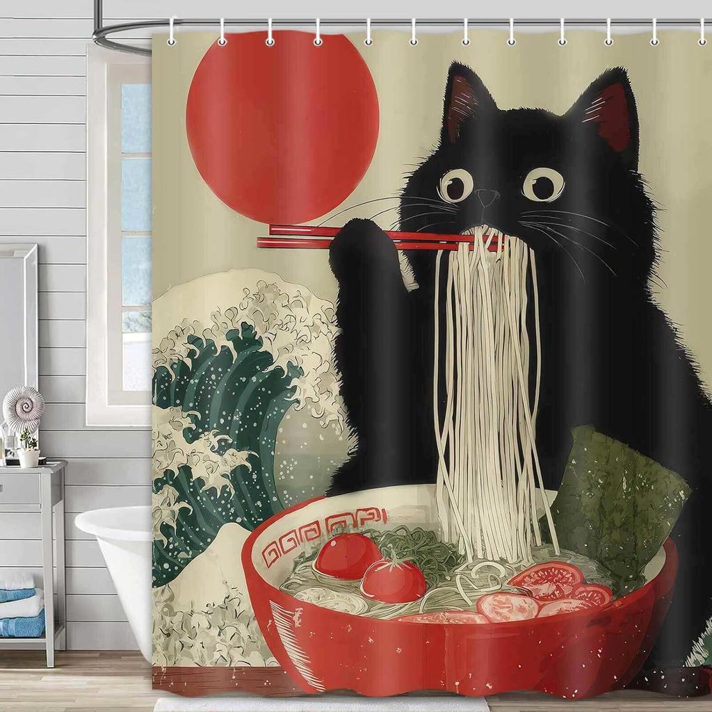 Funny Japanese Cat Shower Curtain Vintage Fun Cool Cute Black Cat Art Shower Curtain Asian Japan Sunset Anime Ocean Wave Unique