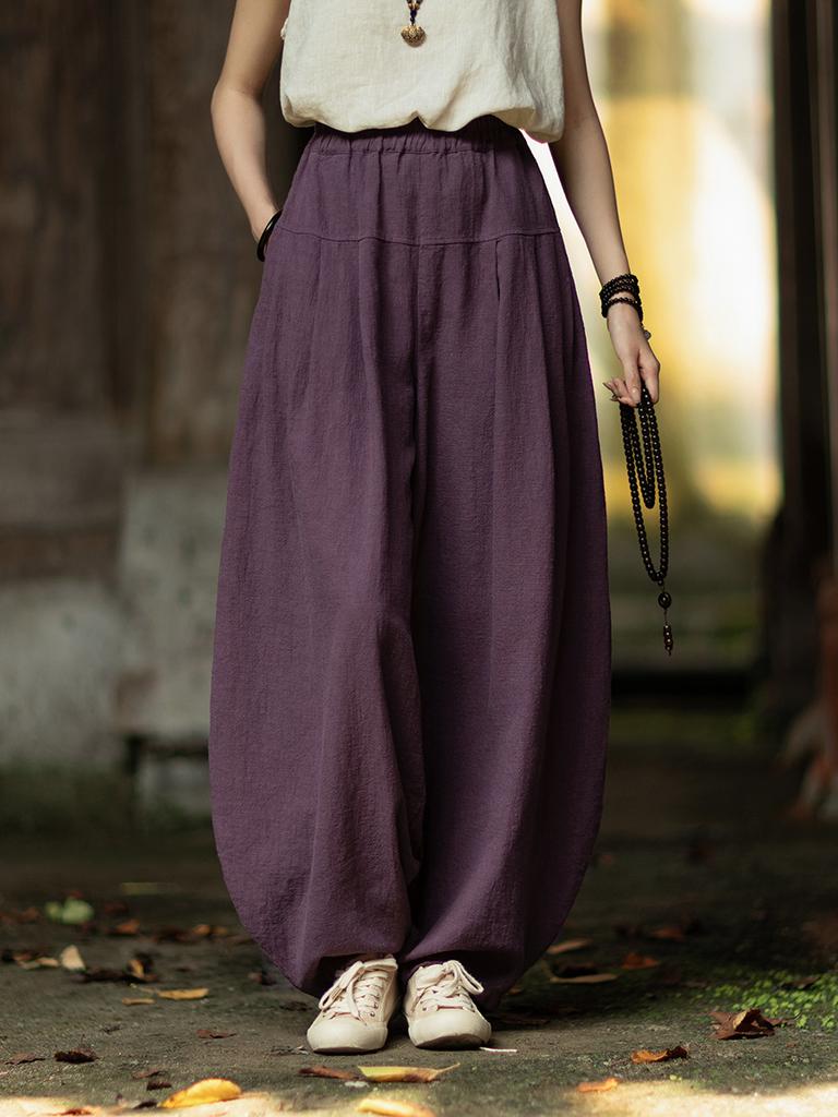 Johnature Women Vintage Bloomers Pants Solid Color Loose Trousers Autumn Pockets Patchwork Long Pants