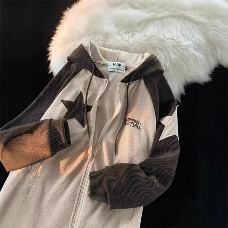 Y2K Vintage Corduroy Star Patchwork Zip-Up Hoodie Unisex Loose Fit Casual Sweatshirt