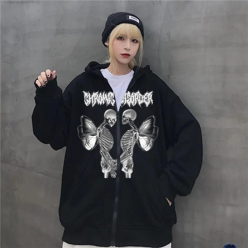 Skull Wing Print Hooded Zip-Up Sweatshirt Women Loose Fit Fleece Lined Long Sleeve Streetwear
