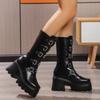 Fashion Women's Gothic Chunky Heel Mid Calf Boots Metal Buckle Strap Platform Punk Boots Woman Thick Bottom PU Leather Motorcycle Shoes