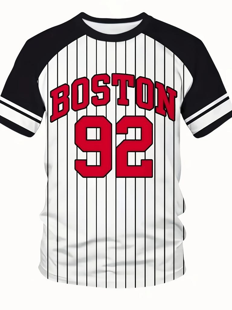 Летняя мужская футболка с коротким рукавом в полоску Boston 92, 3D-печать, спортивный повседневный топ, повседневная, удобная, дышащая, быстросохнущая