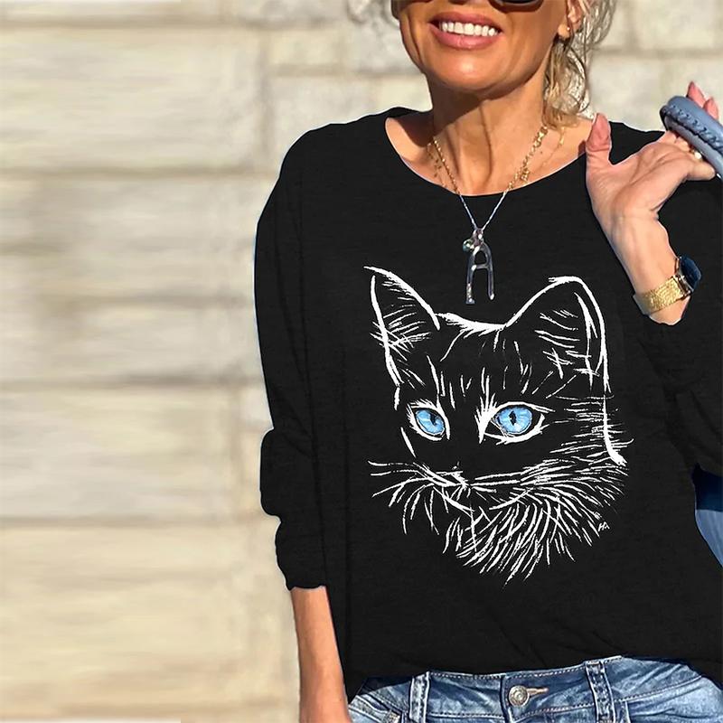 Women Autumn Tops Loose Cat Portrait of a Kitten Print Causal Long Sleeve T-shirt Top Blouse