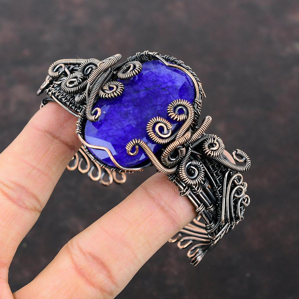 Браслет-манжета с граненым синим сапфиром, регулируемый браслет с медной проволокой, ювелирные изделия ручной работы, браслет с драгоценными камнями, ювелирные изделия из медной проволоки, подарок для нее