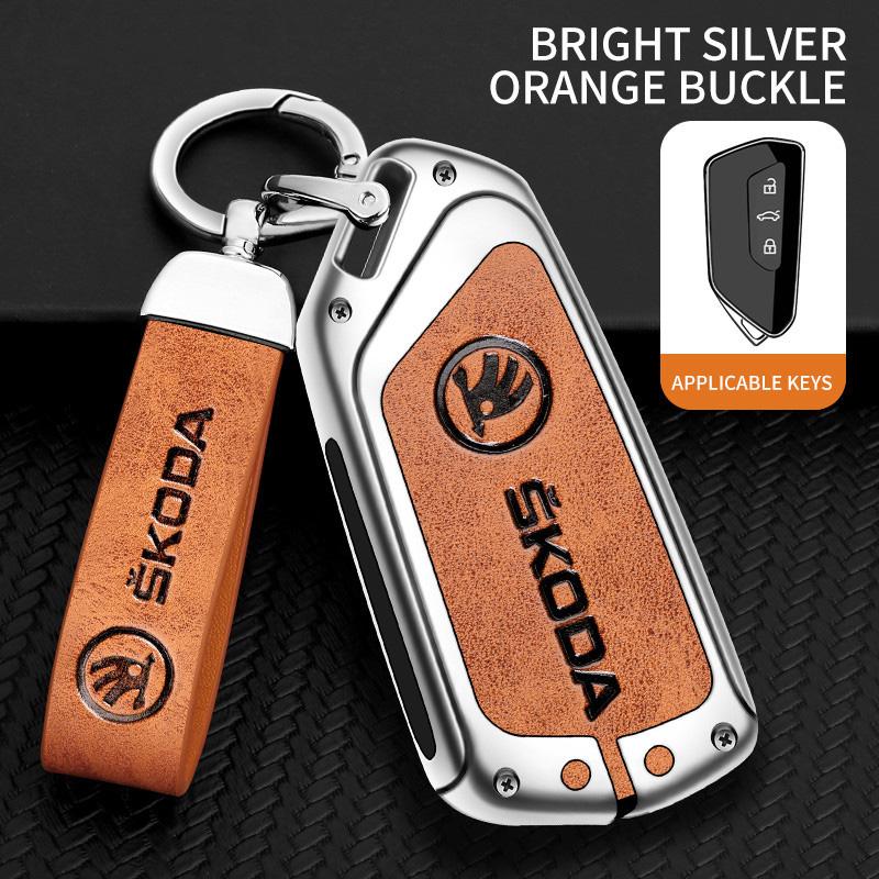 AAAAC1 Zinc Alloy Car Smart Remote Key Fob Leather Case Cover Protector Shell For Skoda Octavia 4 8 A8 2020 2021 Keychain Accessories