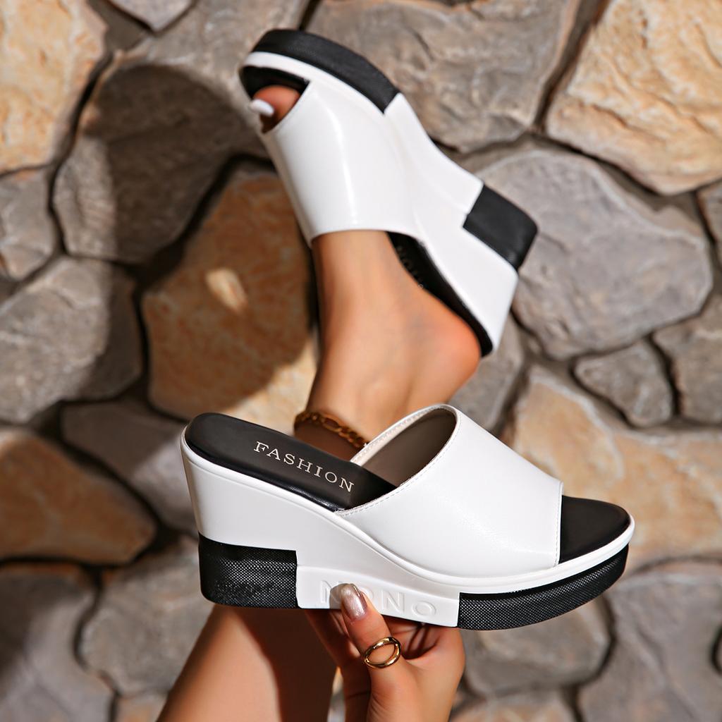 Foreign Trade Large-size Wedge Heel Fish Mouth Sandals 2025 Summer New Thick-soled Heightened One-word Beach Women's Shoes