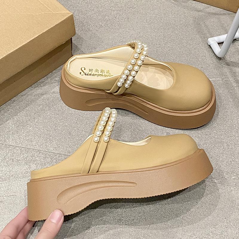Thick-soled Bag Head and Half Slippers, Women Wear New Pearl Fairies In Spring and Summer, and Mary Jane Single Shoes Women with One Pedal.