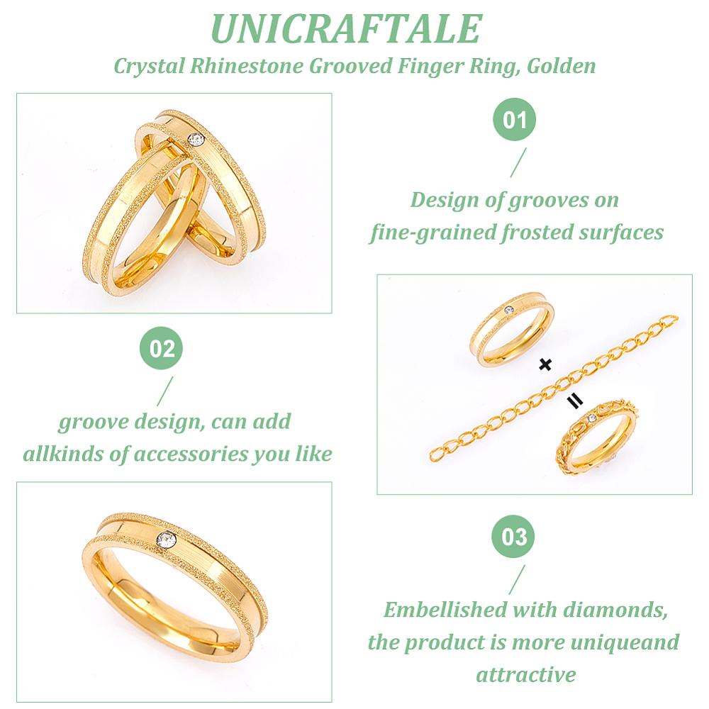 12Pcs Crystal Rhinestone Grooved Finger Ring, Textured 201 Stainless Steel Jewelry for Women, Golden, US Size 6 1/2(16.9mm)
