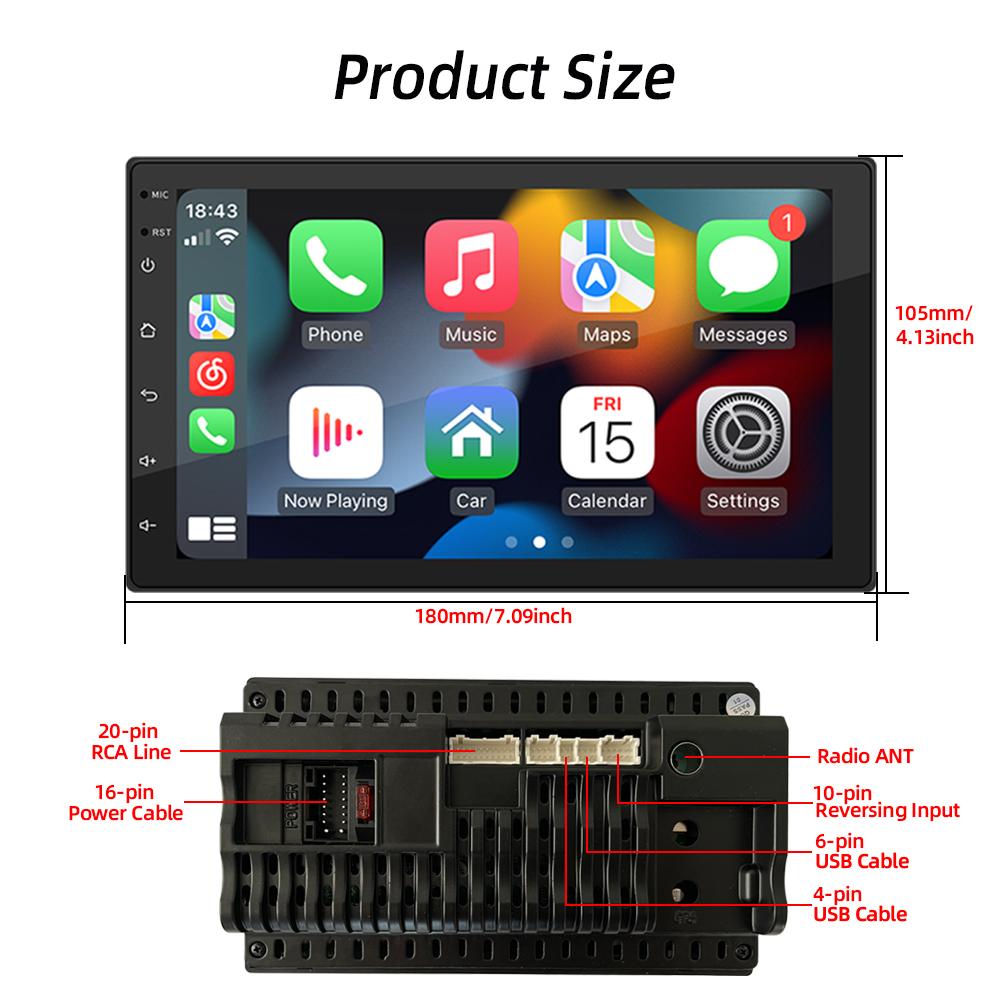 HIPPBQCC Автомобильное радио Carplay Android Auto 7-дюймовый мультимедийный стереоплеер HD сенсорный экран Bluetooth 2 USB FM Mirror-Link Универсальный