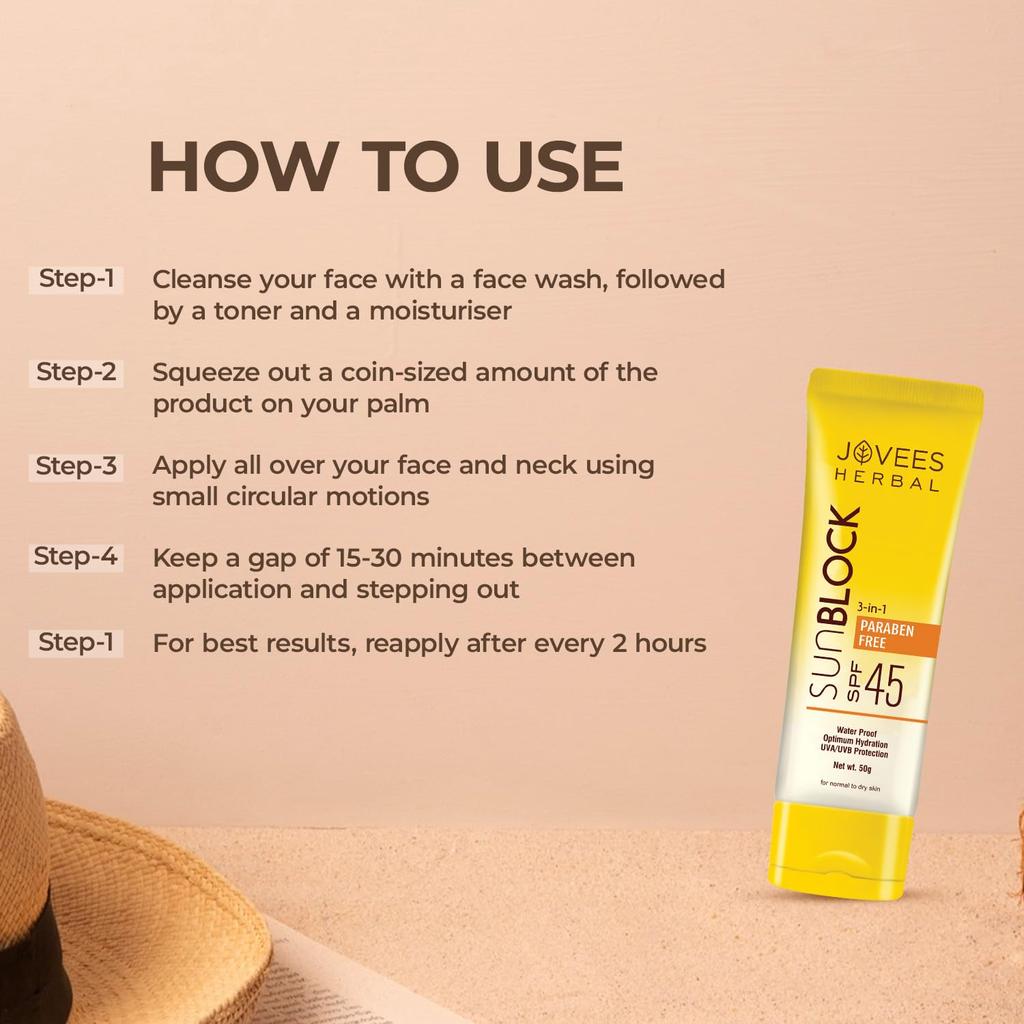 Jovees Herbal Sun Block SPF 45 Sunscreen for Even Toned Glowing Skin Lightweight Non-Greasy 100g