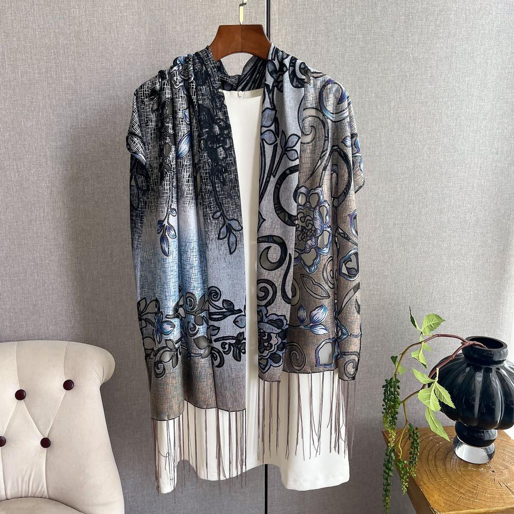 Этнический стиль кружевной шелковый шарф женский тренд мода бахрома вышивка тренд тонкий шарф шаль