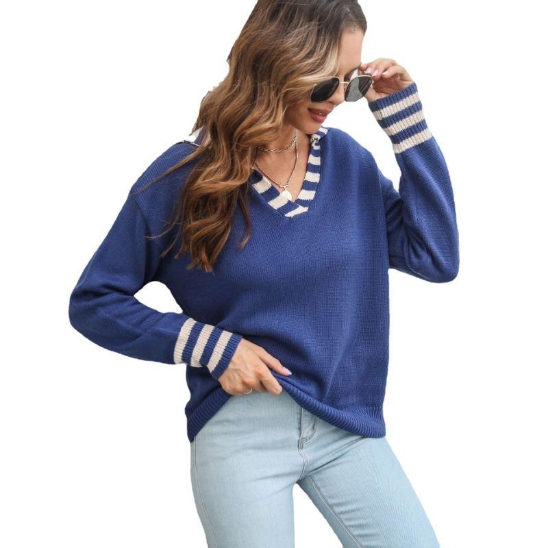 Autumn and Winter Striped Lapel Sweater Women's Loose Long Sleeve Knitwear