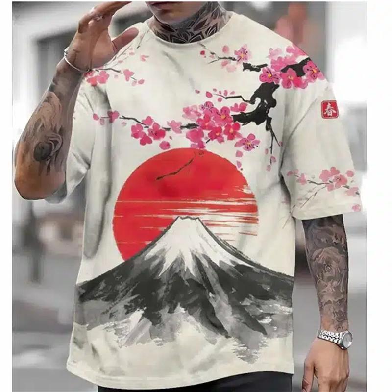 Japanese Ukiyo-E Printed Men's T-Shirt Vintage Summer Men's Short-Sleeved T-Shirt Oversized Round Neck Top Street Harajuku Tops
