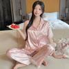 Женские пижамы, комплекты для отдыха, лето, осень, кружевной жаккардовый пижамный комплект с отложным воротником, искусственный шелк, атлас, короткий рукав, женская пижама, домашняя одежда