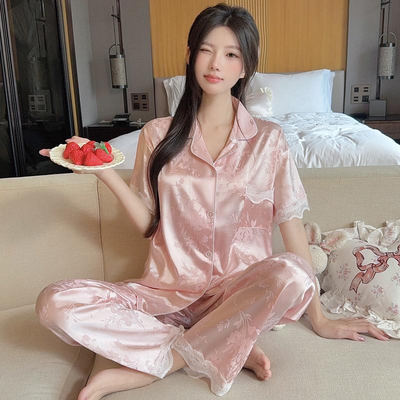 Женские пижамы, комплекты для отдыха, лето, осень, кружевной жаккардовый пижамный комплект с отложным воротником, искусственный шелк, атлас, короткий рукав, женская пижама, домашняя одежда